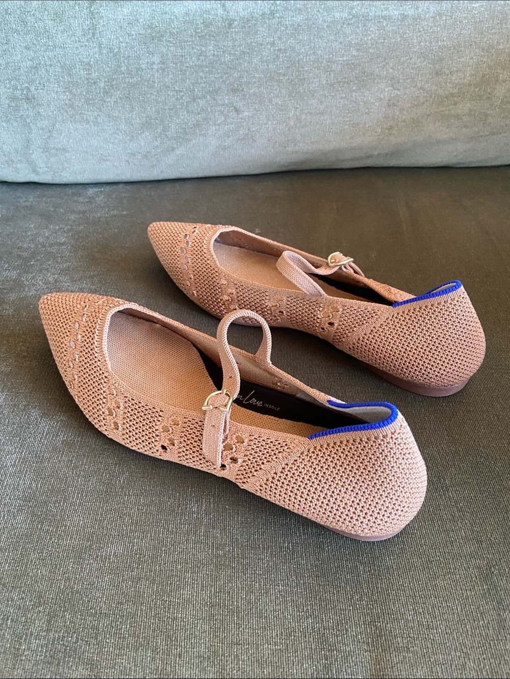 Rothy's Pointed Mary Jane Flats in Caramel Tan with Blue Trim - Picture 4 of 5